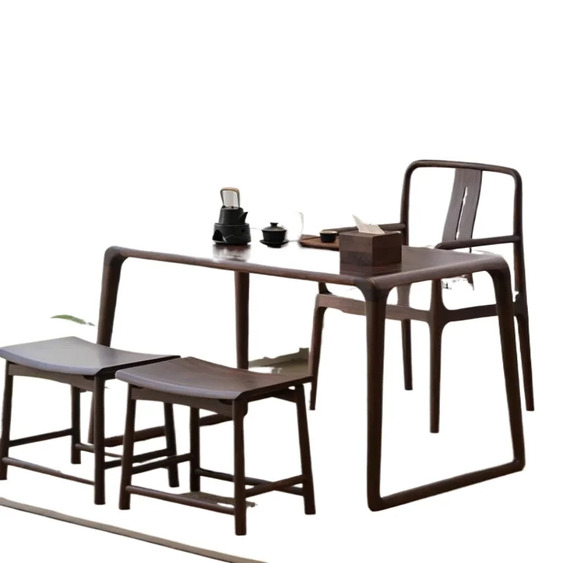 Balcony tea table 2025 new black gold wood table and chair combination Pure solid wood tea table black walnut color living room