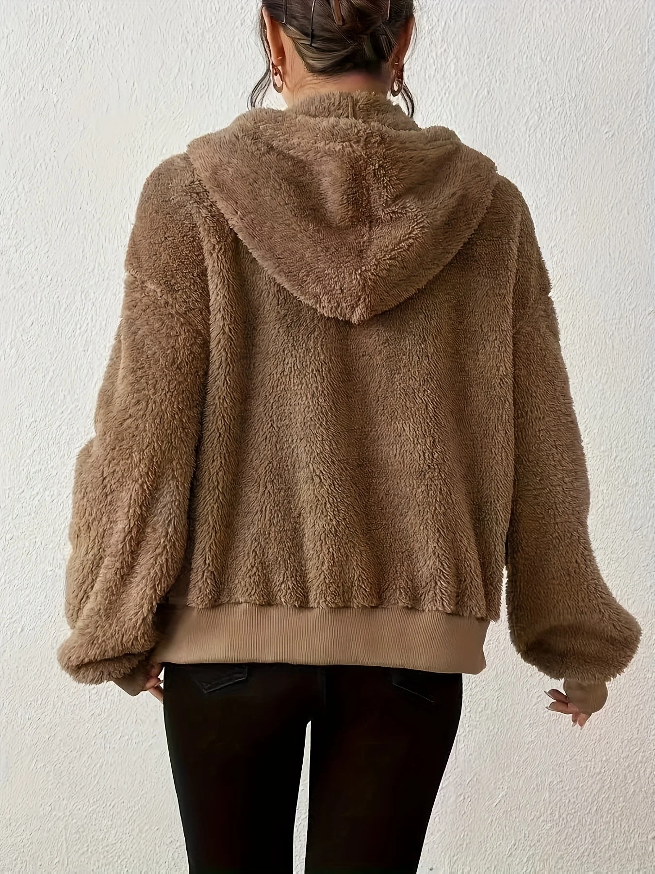 Dámská podzimní a zimní mikina s kapucí a sametovým zipem, kardigan, černošedý, volného střihu - náhled 5