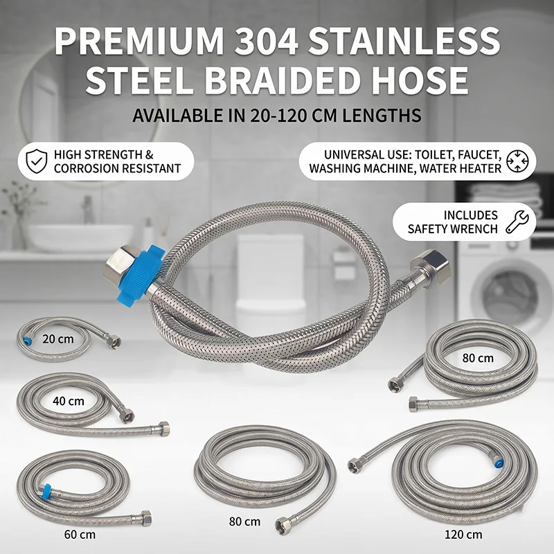Premium 304 Stainless Steel Braided Hose Flexible Water Inlet Pipe with Safety Wrench for Toilet Faucet Water Heater 20cm-120cm