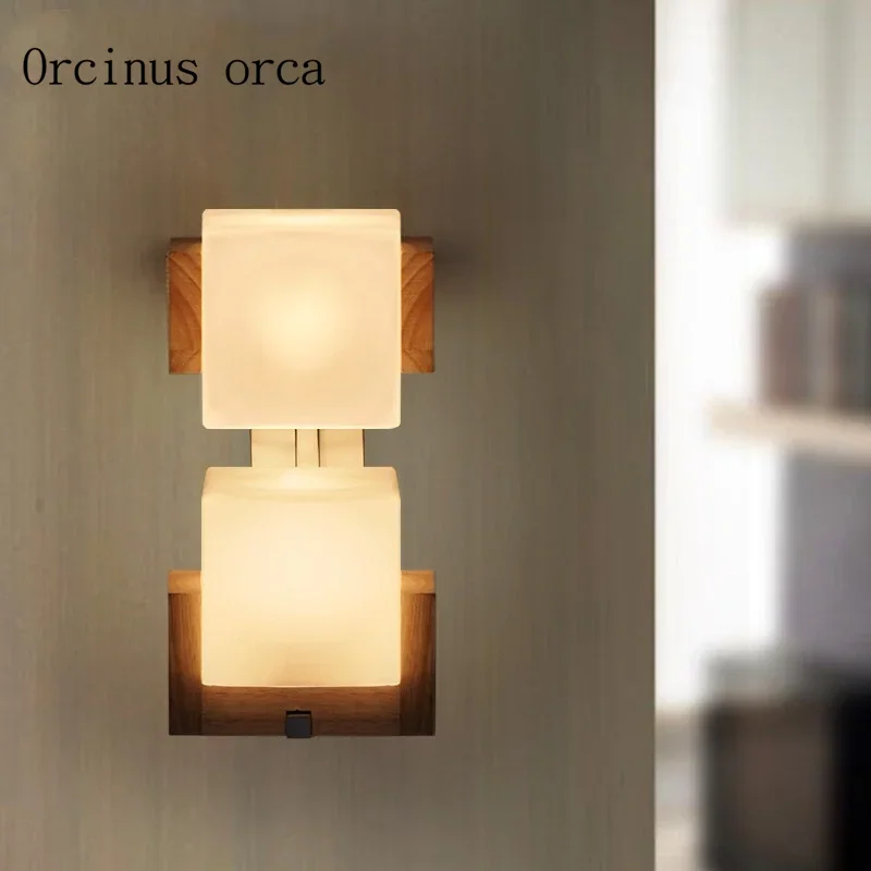 American retro double head oak wall lamp dining hall bedside lamp creative personality sugar cube wall lamp