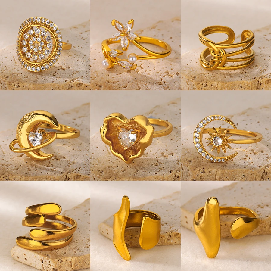 Gold Color Stainless Steel Geometric Rings for Women Zircon Heart Sun Moon Open Ring Fashion Aesthetic Jewelry Wedding Gift
