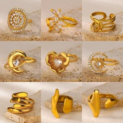 Gold Color Stainless Steel Geometric Rings for Women Zircon Heart Sun Moon Open Ring Fashion Aesthetic Jewelry Wedding Gift