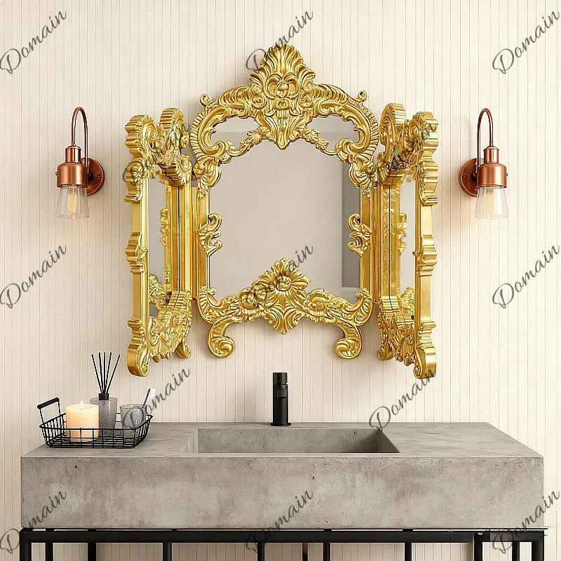 French Vintage Three-Fold Vanity Mirror Wall-Mounted Bathroom Mirror European Decor for Living Room