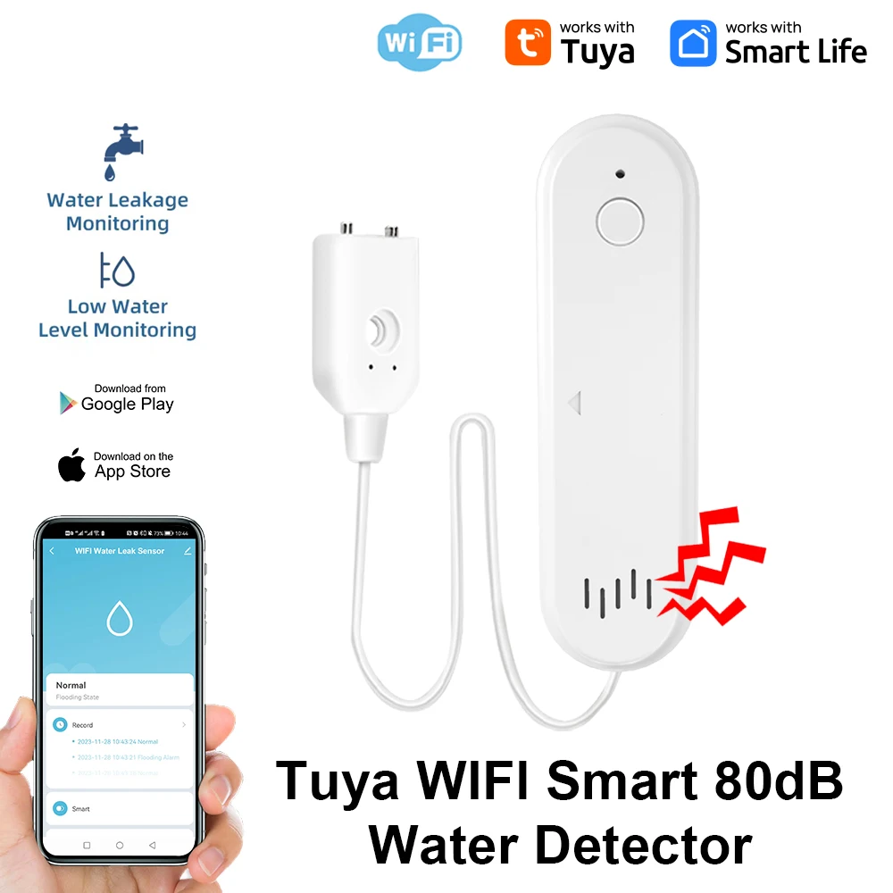 WiFi Water Sensor Tuya Leak Sensor Water Overflow Level Detector 80dB Sound Alarm System Flood Leakage Sensor Remote Monitor