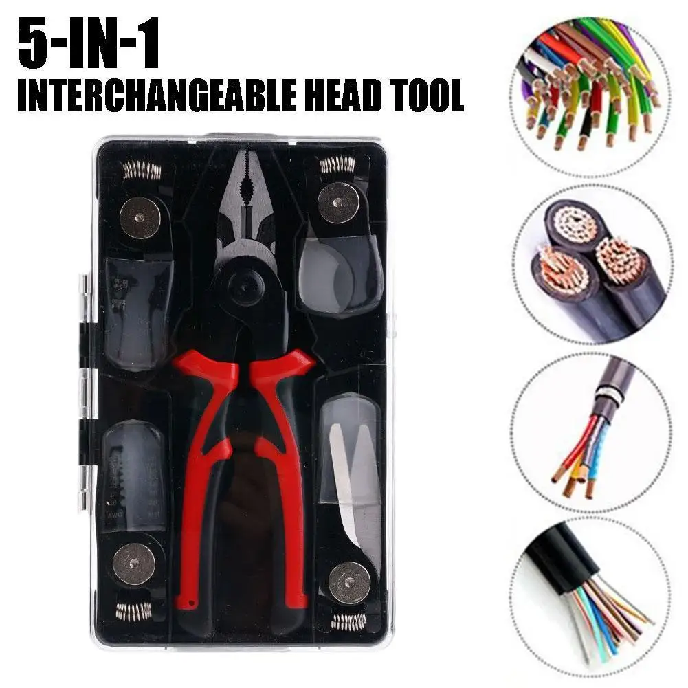 5 In 1 Multifunctional Pliers Replaceable Steel Wire Pliers Wire Stripping Interchangeable Head Tool Special For Electricians