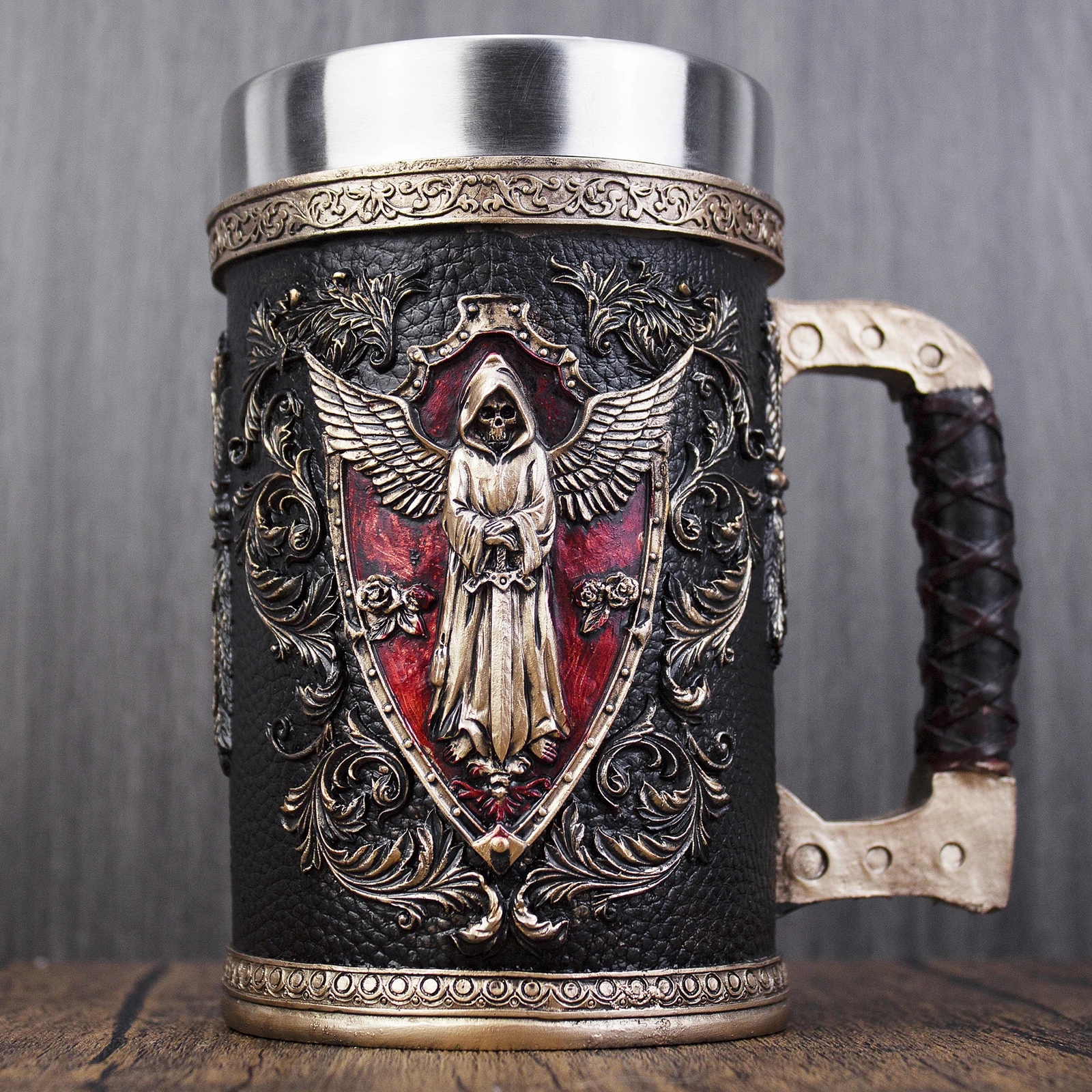 Imitation Bronze Mug Tankard Stainless Steel Resin Medieval Retro Wing Sword Shield Death Grim Reaper Leather Beer Stein 600ml