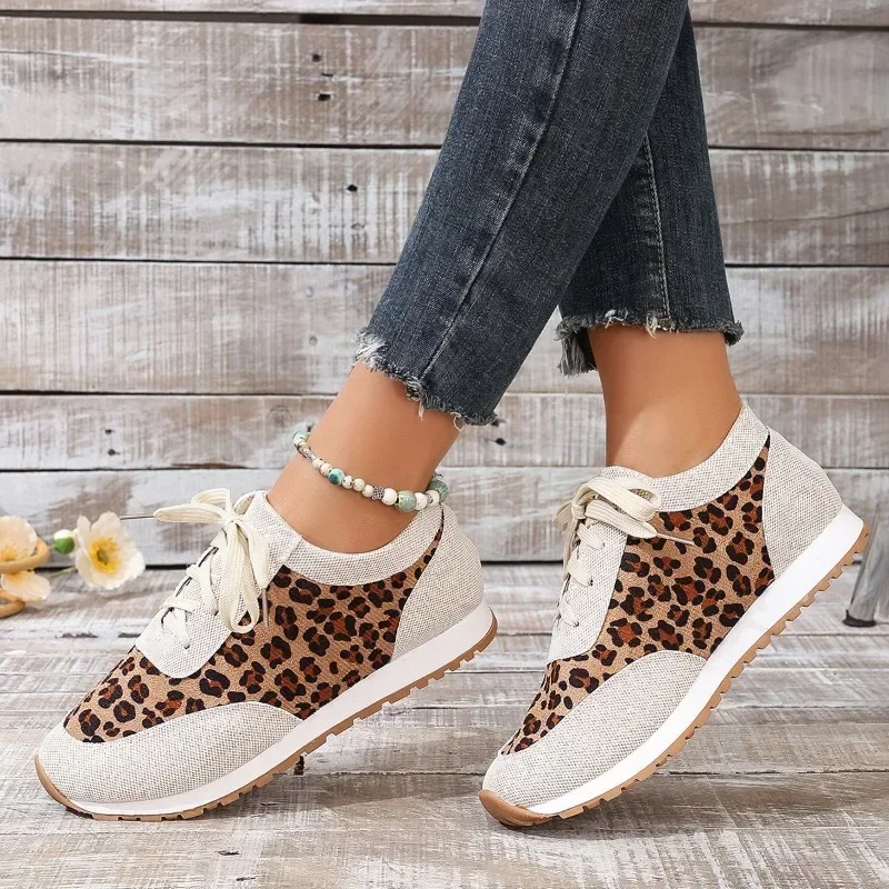 Autumn Leopard Print Fashion Sneakers Mixed Colors Casual 2024 Hot Sale Shoes for Women Lace Up Women\'s Vulcanize Shoes