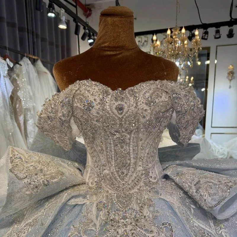 

Light Blue Quinceanera Dresses Off the Shoulder Glitter Crystal Decal Layering Long tail Bow Vestido e 15 Quinceanera Customize