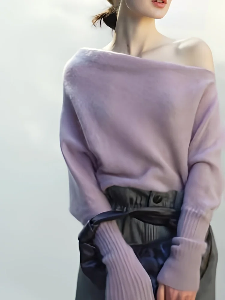 

Ele Simple Commute 2025 New Light Purple oulder Long Sve Knitted Women's Warm Ele Base irt Top