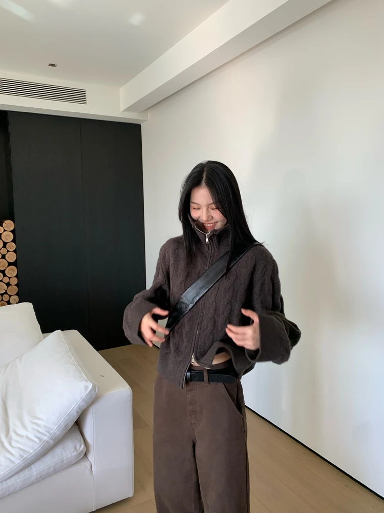 

Мягкий шерстяной вязаный кардиган на молнии с отложным воротником и воротником-стойкой, из крученой пряжи, женский утолщенный зимний укороченный свитер