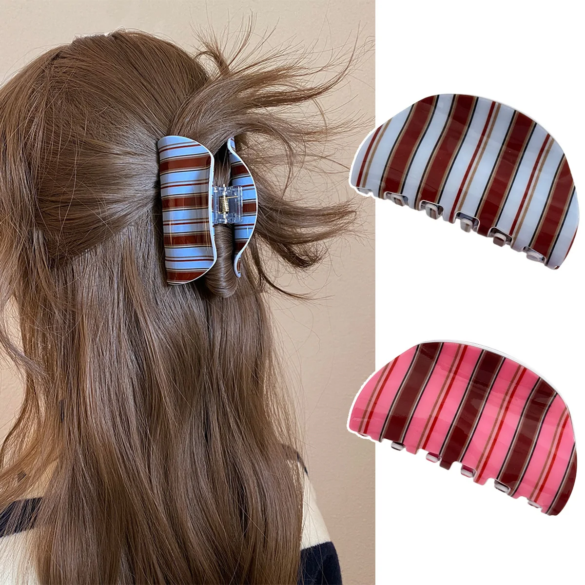 Blue Coffee Color Pink Stripe Hair Claw Clip Classic Casual Style Hair Claw Clips Acrylic Hair Accessories for Women Girls