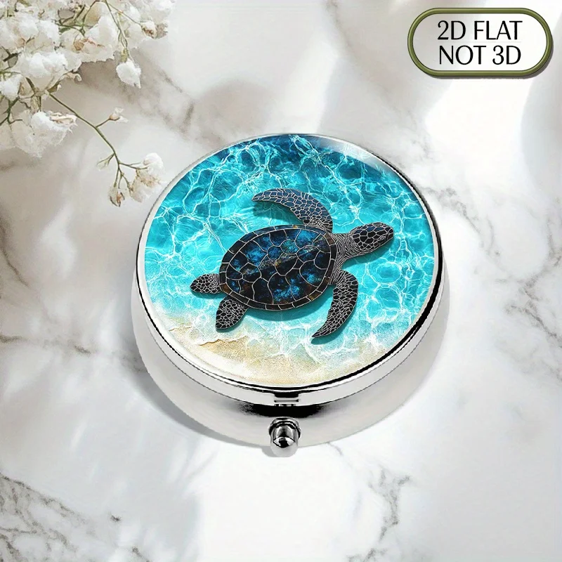 A flat, portable, round metal pill box, decorated with a turtle silhouette pattern, is an ideal choice for organizing medication when traveling or going out. Suitable for storing vitamins, multi-functional storage, souvenir storage, and coin storage, it is a thoughtful gift choice with a flat design