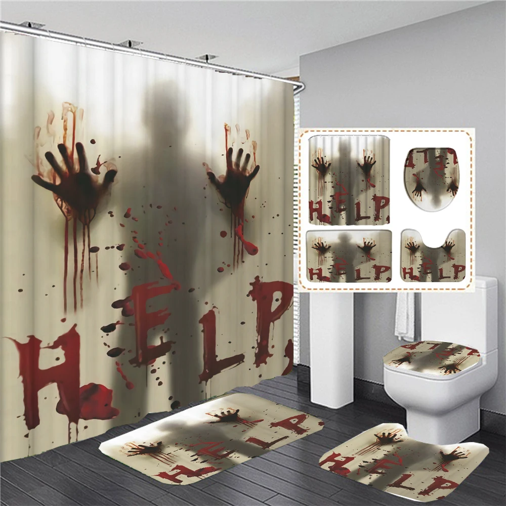 

Skull Skeleton Bloody Hands 3D Shower Curtains Halloween Decor Bath Curtain Set Toilet Lid Cover Bath Mats Rugs Anti-slip Carpet