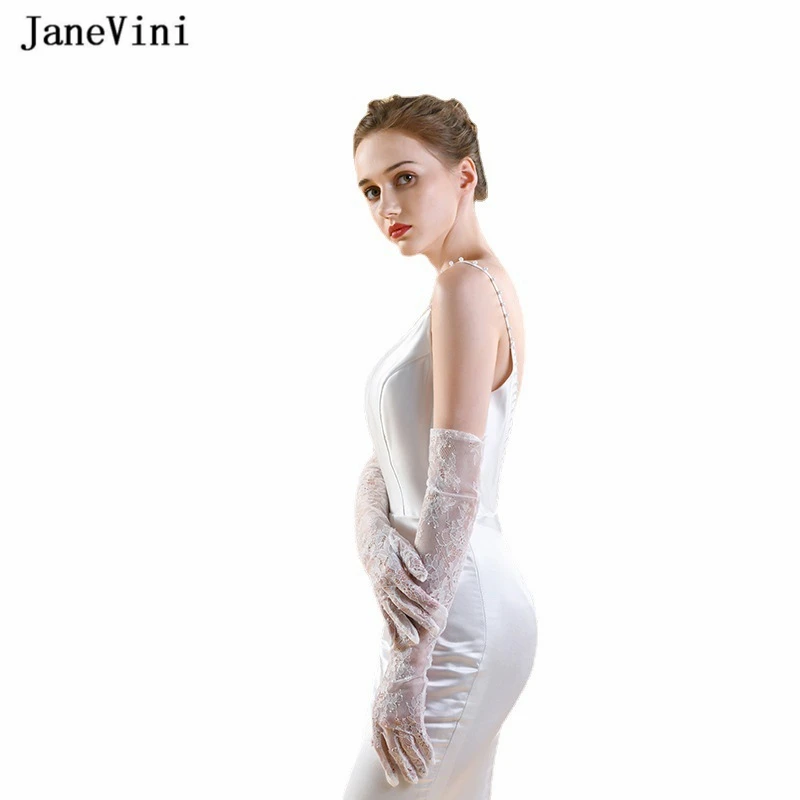 JaneVini 2023 Elegantes Mulheres Lace Mão Luvas 58CM Longas Luvas De Noiva Dedo Cheio Comprimento Ópera Luva Vestido de Casamento Acessórios