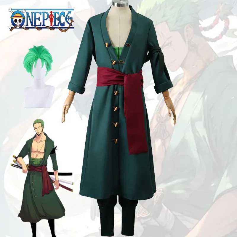 Roronoa Zoro Anime Fantasia de Cosplay Masculina, Manto Verde One Piece, Peruca com Brincos, Conjunto Completo, Halloween, Roupas de Festa de Natal