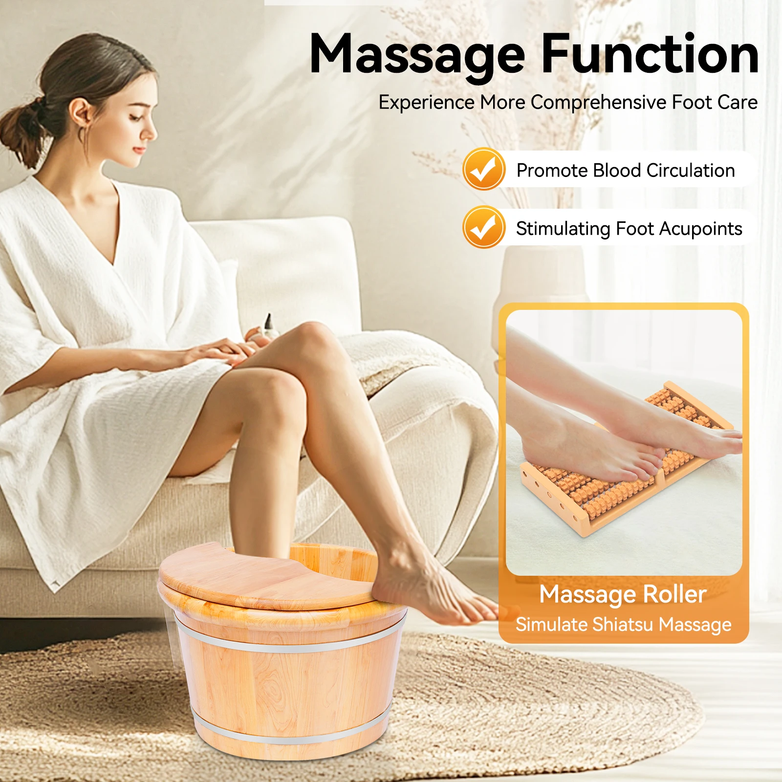 

Foot Basin, Wooden Bucket Foot Bath Massager, Foot Bath Bucket w/Massage Roller &Lid 12.2*9.84in