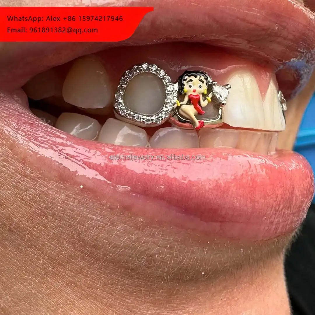 

Custom S925 Silver 10K 14K 18K White Gold Betty Boop Moissanite Diamond Fine Teeth Jewelry Grillz For Women Men