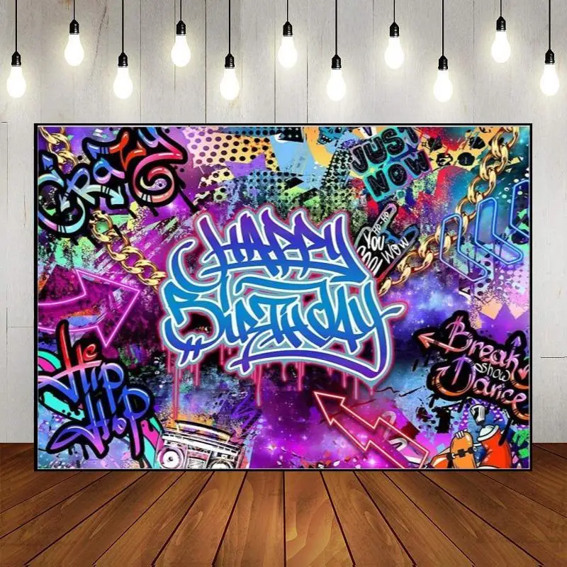 Happy Birthday Retro Hip Hop Custom 80's 90's Abstract Banner Neon Graffiti Theme Photography Background Photo Backdrop Party