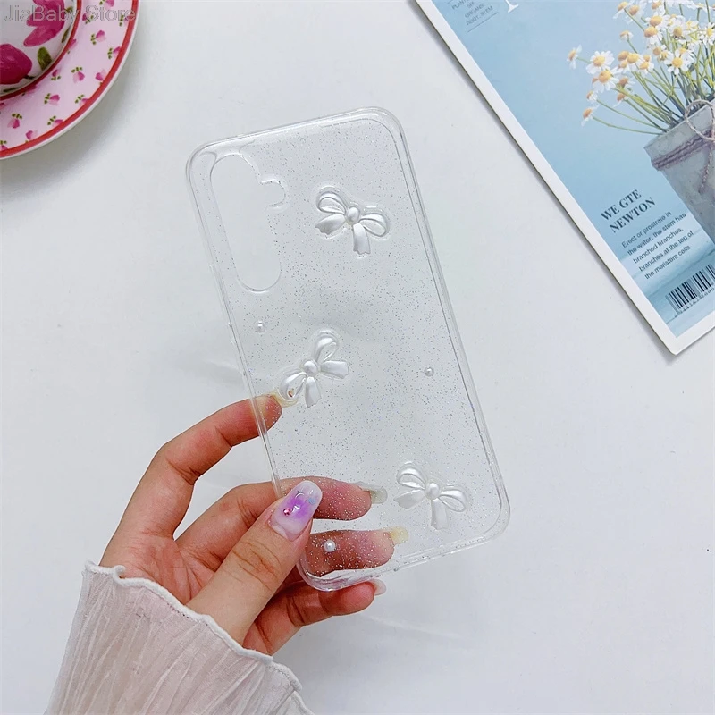 Bow Clear Liquid Phone Case For Samsung A50 A70 A51 A71 A12 A32 A52 A72 A13 A23 A33 A53 A73 A14 A34 A54 A24 A15 A35 A55 Cover