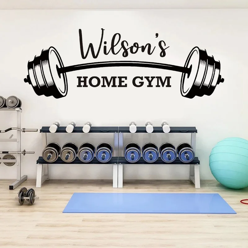 Calcomanía de pared personalizada con nombre de gimnasio en casa, vinilo motivacional, inspirador, entrenamiento, culturismo, decoración artística,