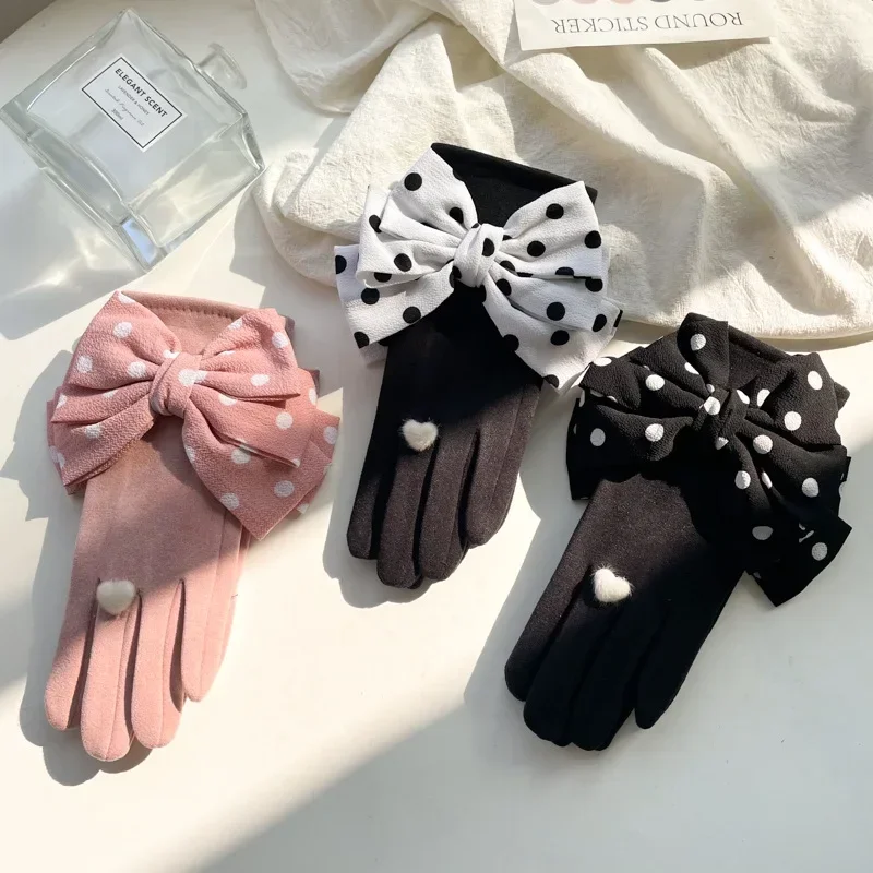 Cute Big Bowknot Gloves for Women Winter Autumn Plush Lining Pink Black Gloves Lovely Small Dot Wrist Touch Scrren