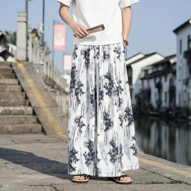Men's New Chinese Style Ink Wash Bamboo Print Wide Leg Pants Summer Loose Fit Draped Fabric Casual Kimono Trousers for Men