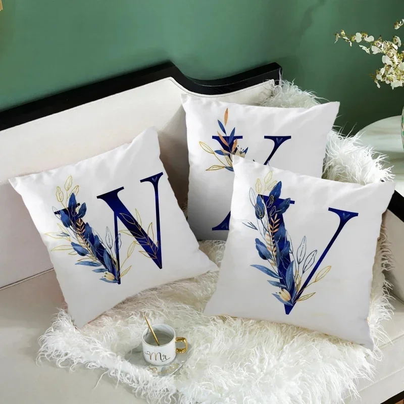 Funda de cojín con estampado de hojas azules, decoración de cintura para el hogar, sala de estar, sofá, coche, 45x45cm