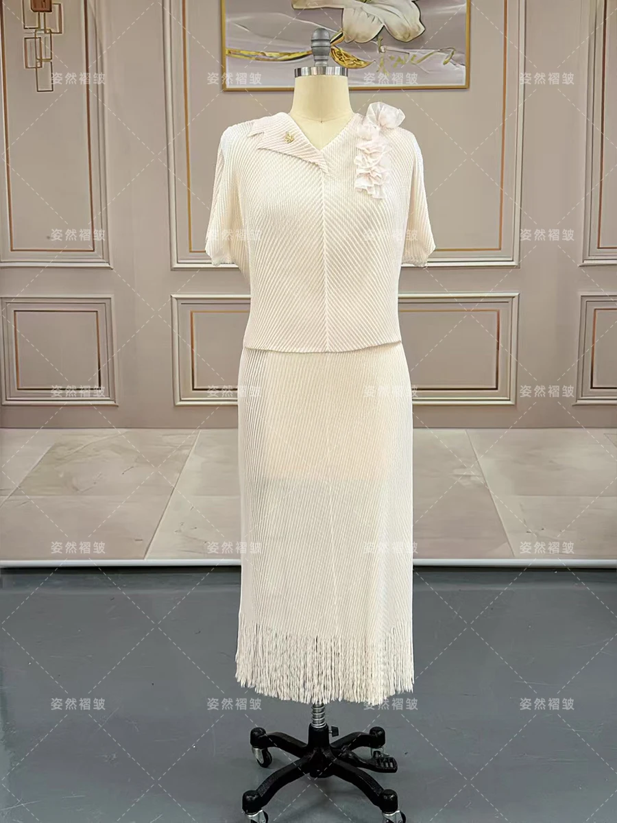 Chic e elegante conjunto de 2 peças feminino miyake plissado topo e saias longas festa de luxo senhora do escritório moda duas roupas femininas 2026