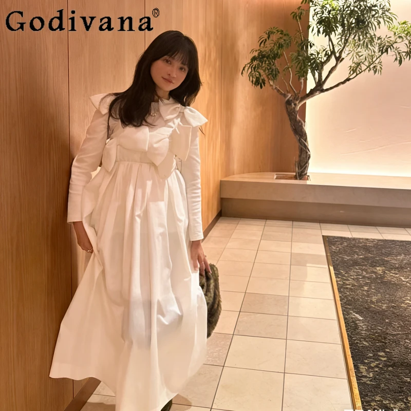 

2026 Spring and Summer New Japanese Fashion Sweet White Dress Women's High Waist Elegant 3D Bow Long Dress Lady Casual Dress