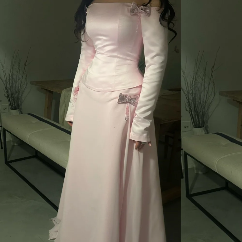 

Customized Sparkle Charmeuse Pleat Sequined Bow A-line Off-the-shoulder Long Dresses Bespoke Occasion Fashion