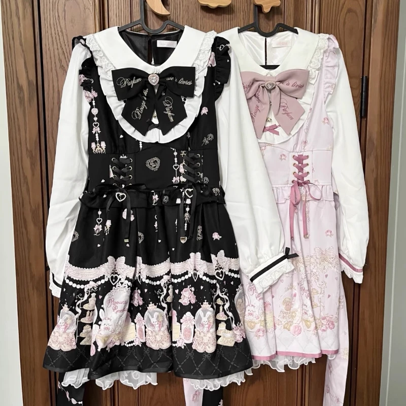 

Japanese Sweet Lolita Kawaii 2 Piece Set Women Gothic Cute Lace Print Bow Shirt + High Waist Short Elegant Fashion Skirt Sets