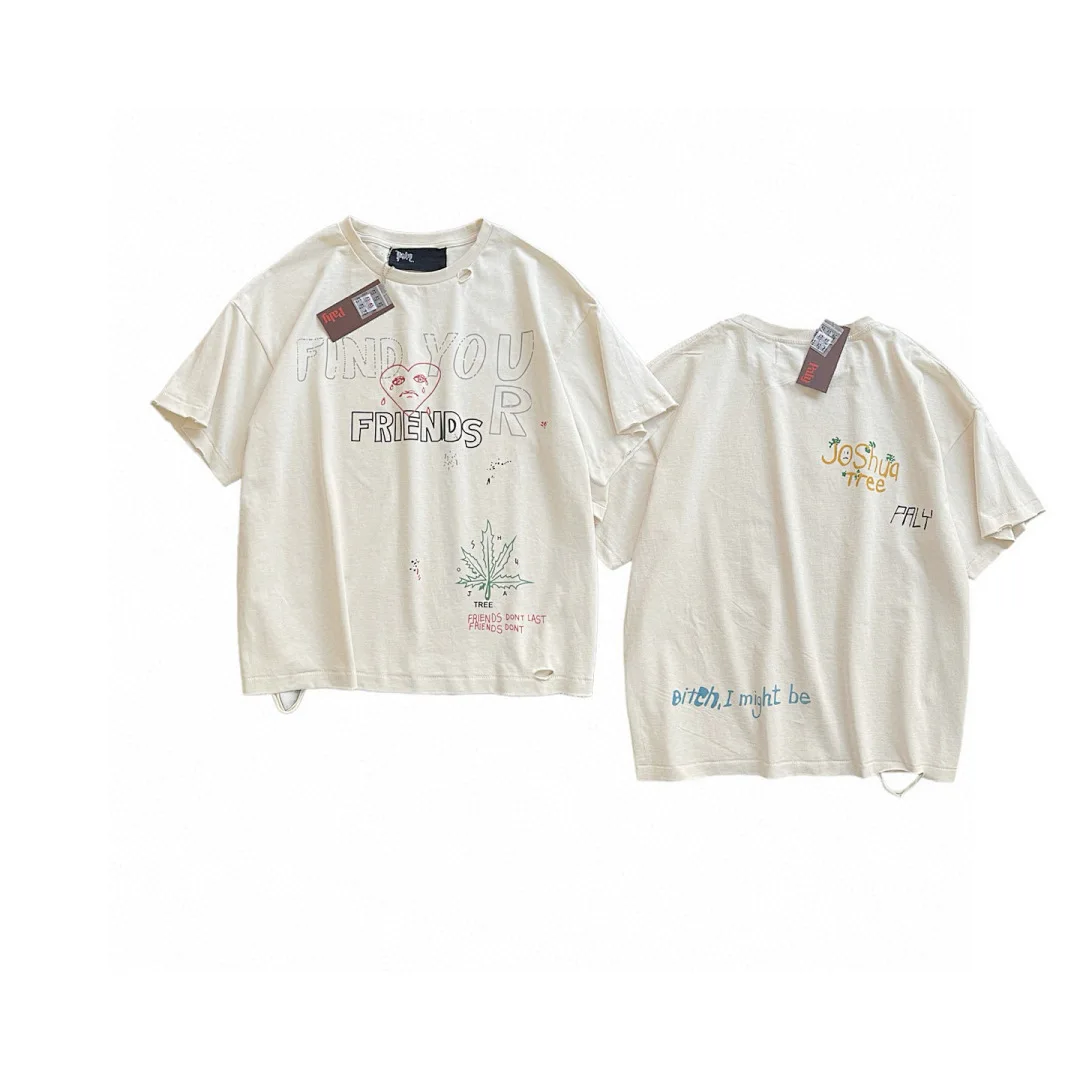 Men's Oversized Distressed Beige T Shirt Vintage Crying Heart Slogan Graffiti Print Retro Streetwear Short Sleeve Tee Loose Tops