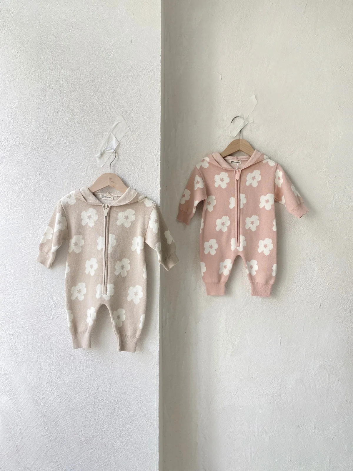 2024 Autumn New Baby Long Sleeve Hooded Romper Newborn Infant Flower Zipper Knitted Jumpsuit Boy Girl Toddler Clothes 0-24M