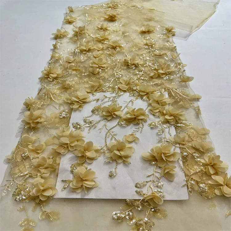 

New unilateral three-dimensional flower sequin fabric, bead tube lace, handmade floral embroidery fabric, wedding dress and even