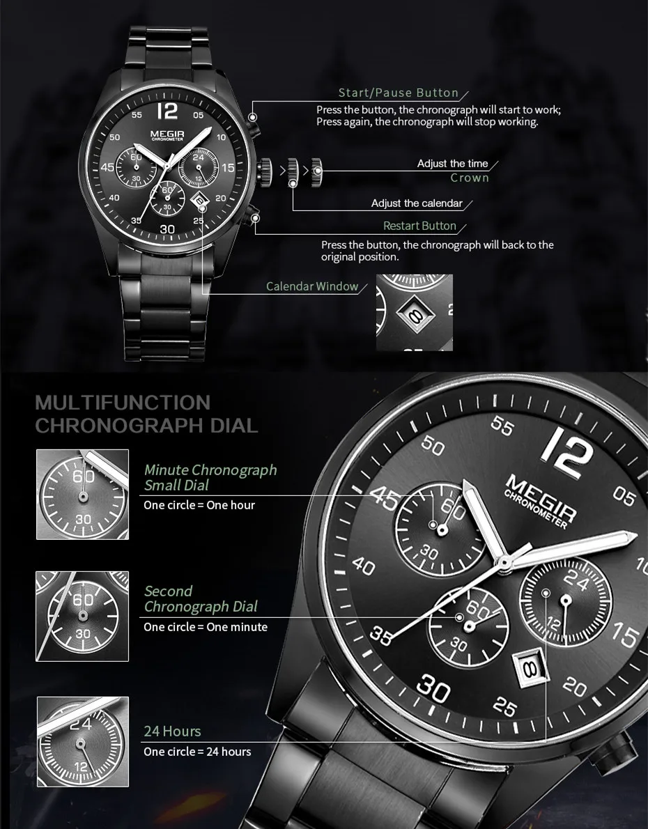 MEGIR 2010 Business Simple Big Dial Watch Stainless Steel Band Calendar Luminous Hands Waterproof Men Quartz Watches