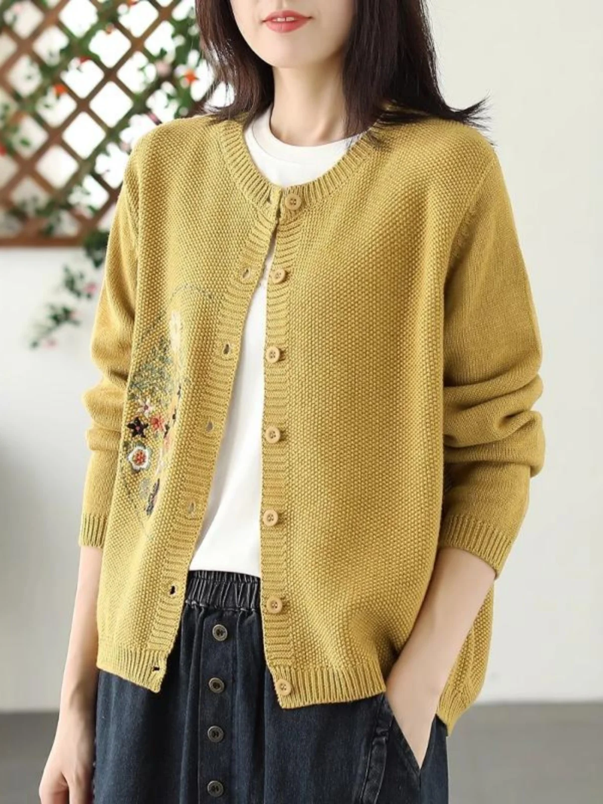 

Ele ort Knitted Cardigan Women's Long Sve Embroidered Cotton Yarn round Ne Open Front Sweater Trendy Autumn Outerwear