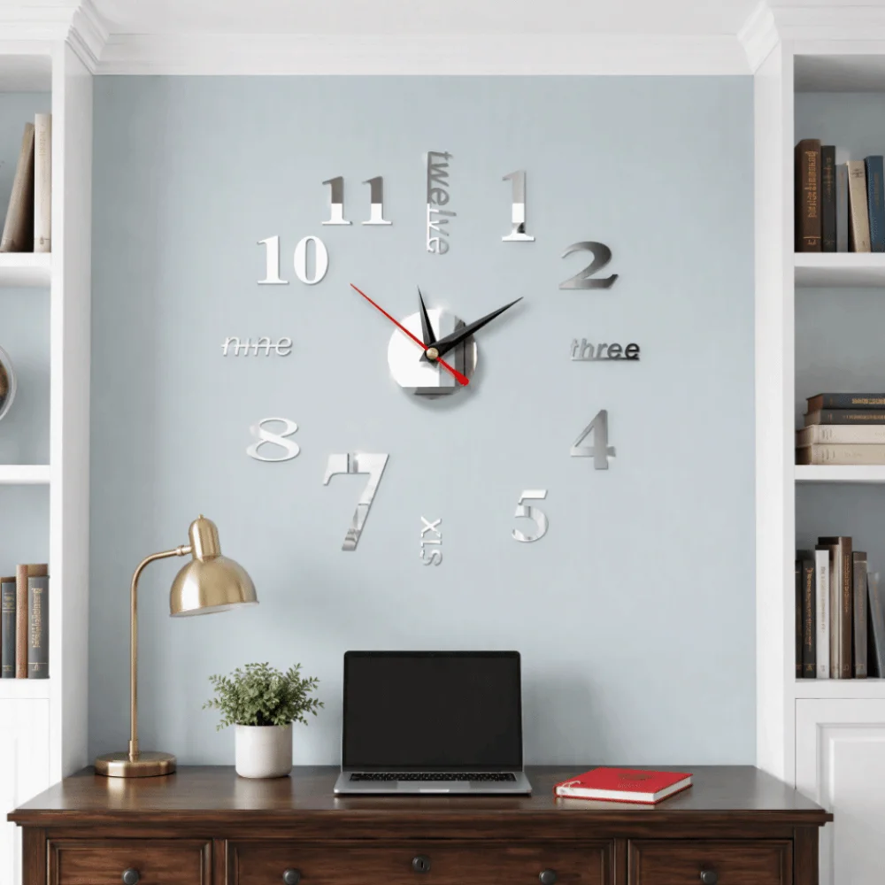 40cm DIY Wall Clock 3D Mirror Surface Frameless Design Frameless Wall Clock Silver DIY Assembly Kit Mirror Sticker Clock