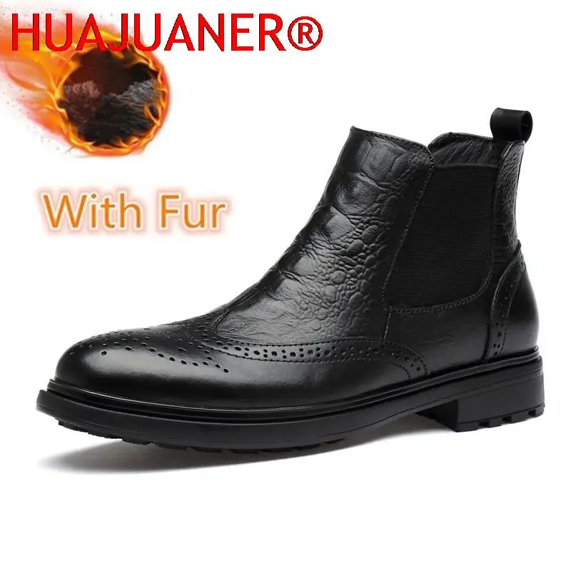 

Luxury Brand Mens Boots Crocodile Style Genuine Leather Men Winter Shoes Black Cow Leather Business Dress Boots Man Warm Oxfords