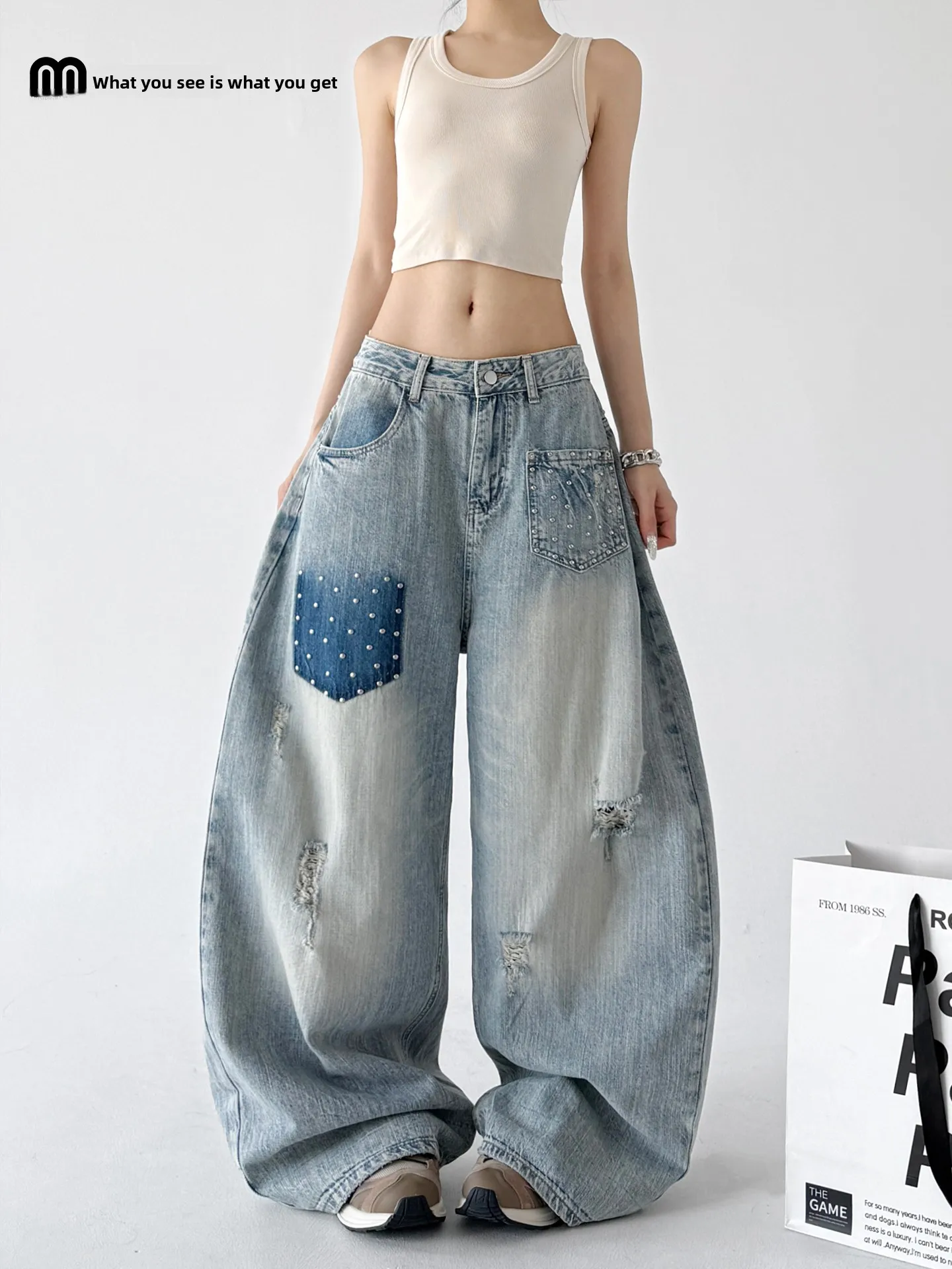 

Low Waist Wide Leg Jeans Women's Spring 2026 New Loose Slimming Straight Long Pants Cool Street Style Rivet Hole Design Cotto...