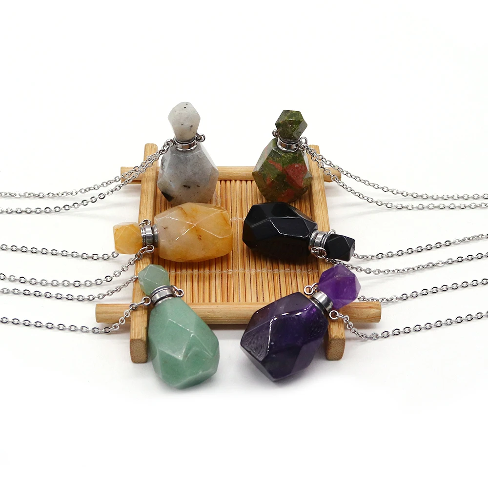 Exquisite Natural Red Jasper Flash Stone Polished Polygonal Cut Perfume Essential Oil Bottle Pendant Accessory Material Jewelry