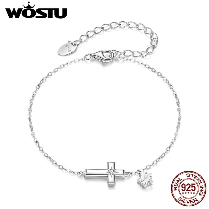 

WOSTU стерлингового серебра 925 пробы, классический браслет-цепочка с цирконием в стиле креста для женщин, модные штабелируемые крестики на запястье, семейный подарок