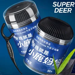 Super Deer 50Pcs Bamboo Charcoal Dental Floss Stick Disposable Toothpicks Fresh Breath Dental Flosser For Oral Cleaning
