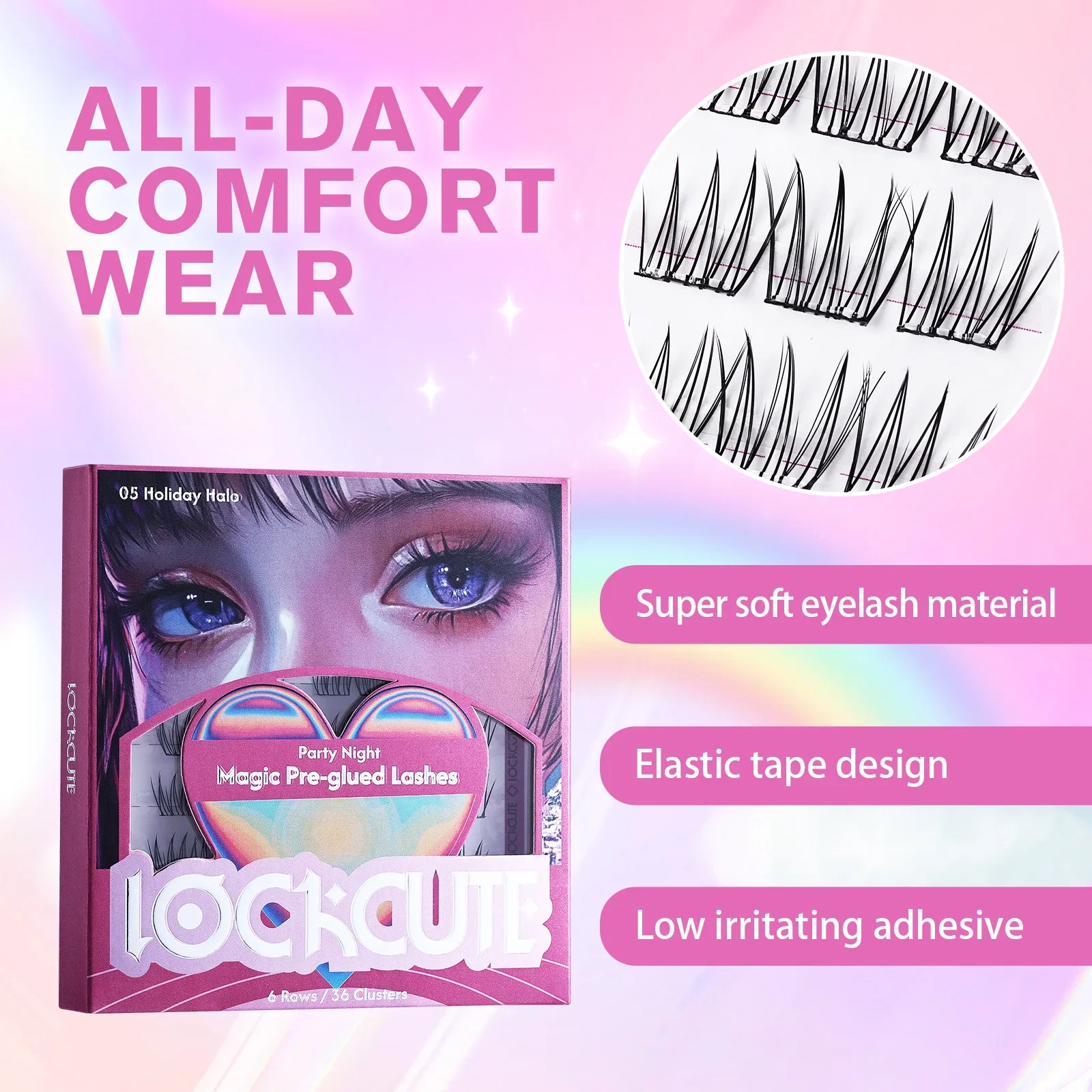Sztuczne rzęsy z klejem LOCKCUTE, 6 rzędów/36 kępek, trwałość 24h, komfort na cały dzień, zestaw do przedłużania rzęs pojedynczych 9-12mm na imprezę/do codziennego użytku