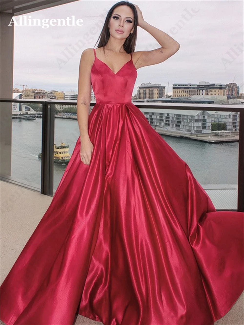 Allingentle Vestidos De Fiesta Elegantes Para Mujer 2023 V-Neck Spaghetti-Strap Satin Evening Dress A-Line Formal Party Gowns