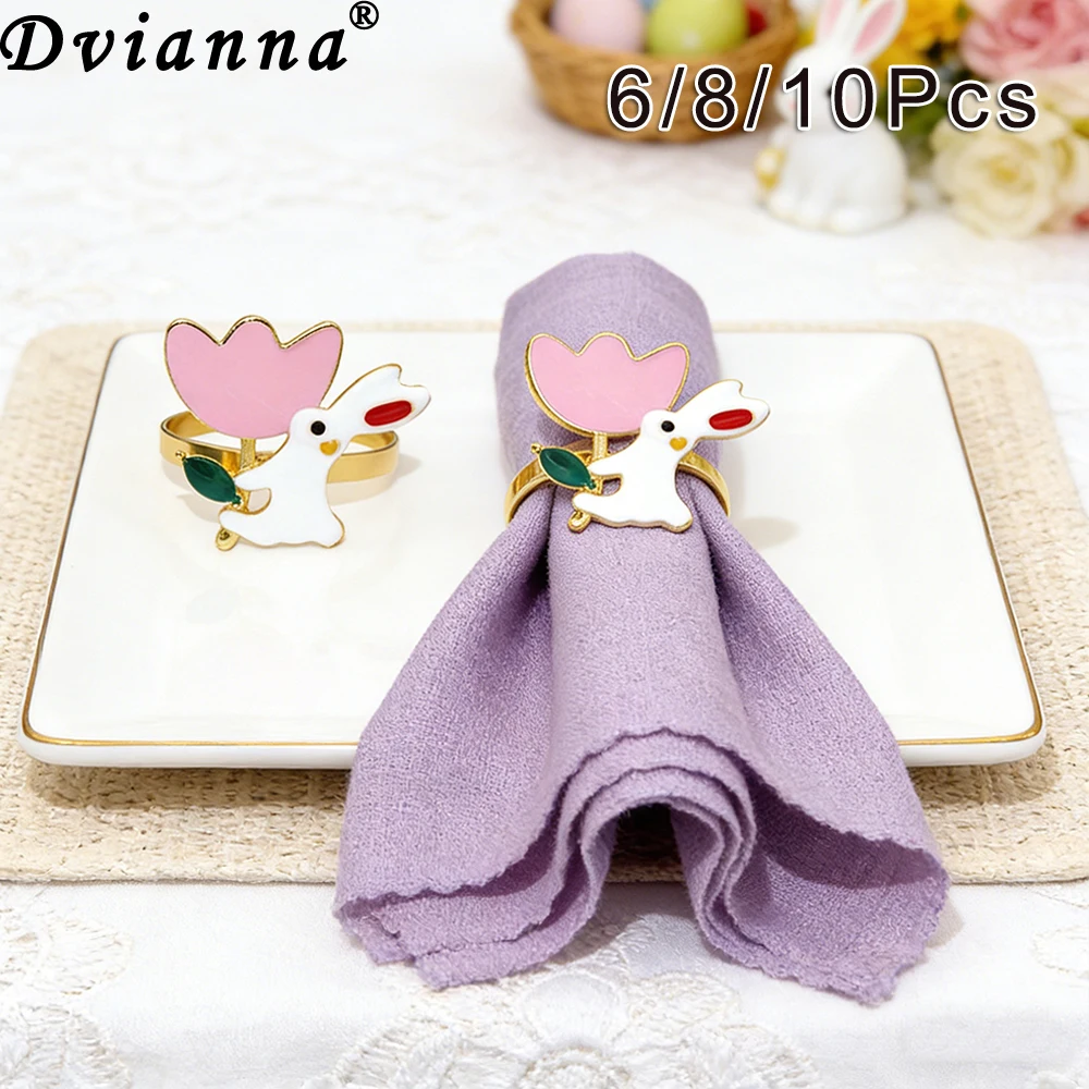 

6/8/10Pcs Bunny Tulip Napkin Rings Enamel Gold Metal Napkin Holders for Easter Spring Wedding Party Dinner Home Table Decoration