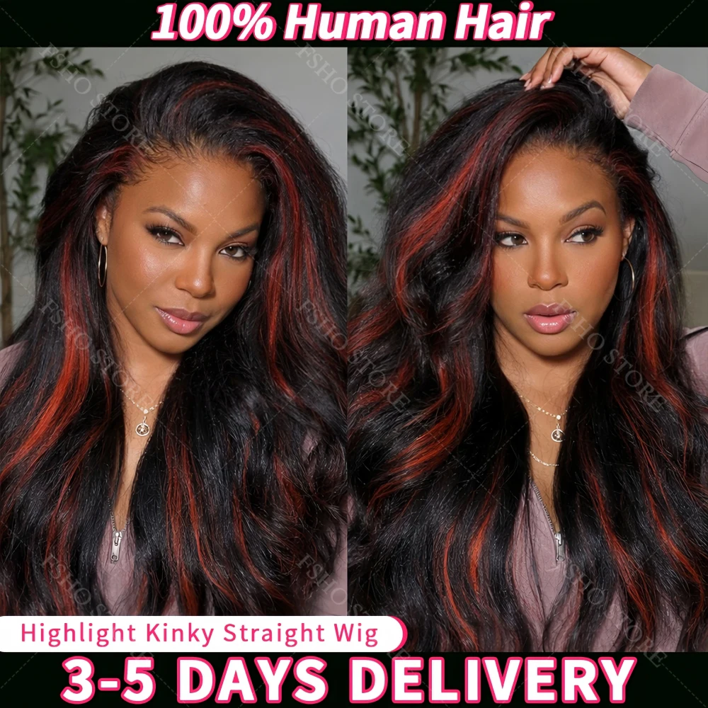 

Highlight Kinky Straight Lace Front Wig 0.10mm Ultra-Thin Black With Red 13x4 Lace Wig Invisible Hairline 5x5 Lace Wig For Woman