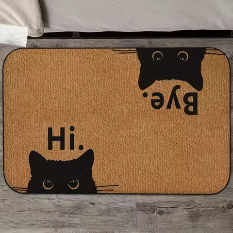 Funny Cat Welcome &amp; Farewell Doormat - &amp; Brown Cat Face Design with "Hi" &amp; "Goodbye" Text, Durable Indoor/Outdoor Mat