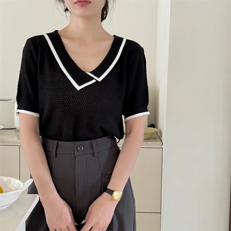 

Asymmetric Neck Tencel Knit Short Sleeve Women's Summer New Design Sense Niche Top Trend