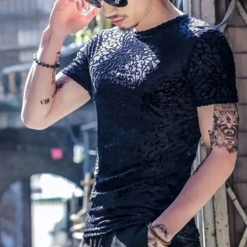 Summer 2024 Men\'s Pullover Round O-Neck Mesh Ice Silk Printed Slim Fit Comfortable and Versatile Casual Short Sleeve T-shirt Top