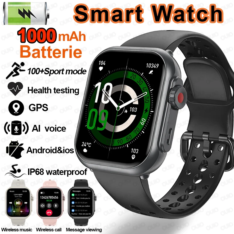 

2025 Новые спортивные умные часы емкостью 1000 мАч, 100+ спортивных режимов, водонепроницаемые, погода, музыка, пульс, аль, голос, Bluetooth, вызов, умные часы